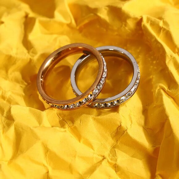 3/$35 Silver Stainless Steel Eternity Band Ring with Rhinestones Wedding Promise - Picture 5 of 6